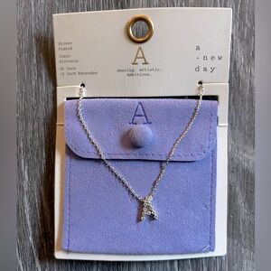 A New Day Silver Plated Necklace with 'A'  Cubic Zirconia Pendant 16 in. + 3 NEW